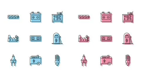 Set line Electric plug, Portable power electric generator, extension cord, LED Stock Illustration