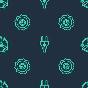 Set line Electric plug, Power button and Wind turbine on seamless pattern. .. Stock Illustration