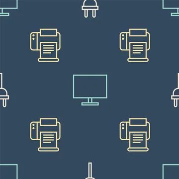Set line Electric plug, Printer and Computer monitor screen on seamless pattern Stock Illustration