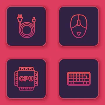 Set line Electric plug, Processor with CPU, Computer mouse and Keyboard. Blue Stockillustratie