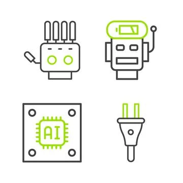 Set line Electric plug, Processor with microcircuits CPU, Robot low battery 库存插图