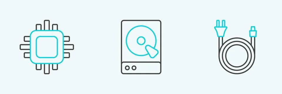 Set line Electric plug, Processor with CPU and Hard disk drive HDD icon. Vector 스톡 일러스트