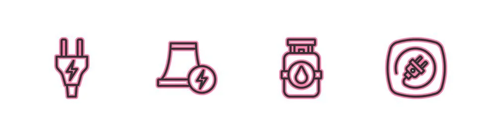 Set line Electric plug, Propane gas tank, Nuclear power plant and icon. Vector Stock Illustration