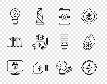 Set line Electric plug, Recharging, Bio fuel barrel, Check engine, Light bulb Stock Illustration