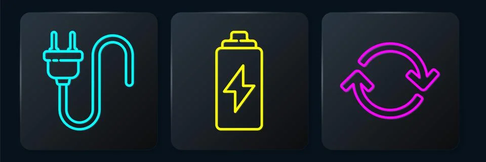Set line Electric plug, Refresh and Battery. Black square button. Vector Stock Illustration