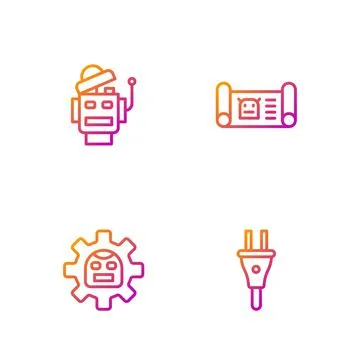 Set line Electric plug, Robot, and blueprint. Gradient color icons. Vector Stockillustratie