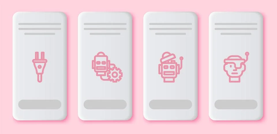 Set line Electric plug, Robot setting, and Smart glasses. White rectangle button 스톡 일러스트