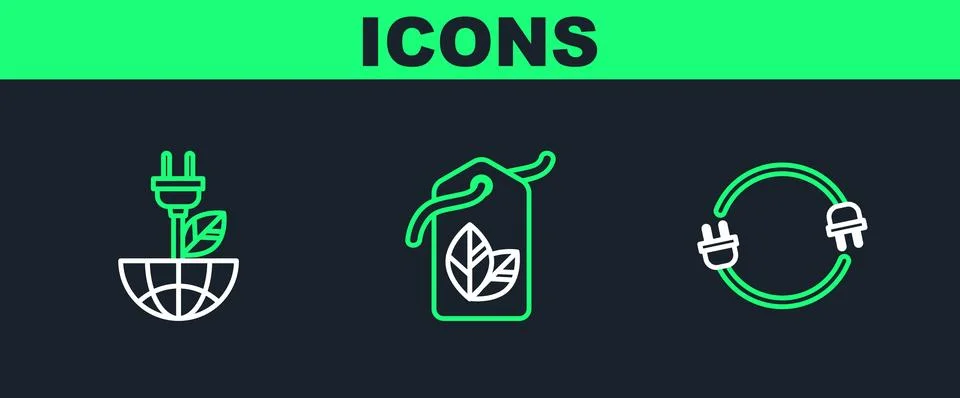 Set line Electric plug, saving in leaf and Tag with symbol icon. Vector Illustrazione stock