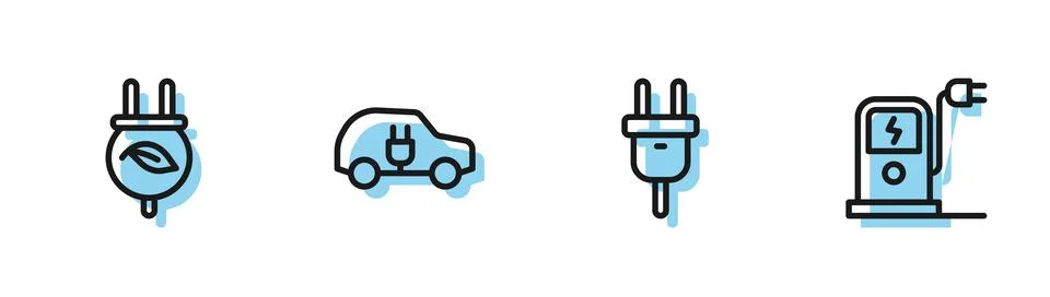 Set line Electric plug, saving in leaf, car and charging station icon. Vector 스톡 일러스트