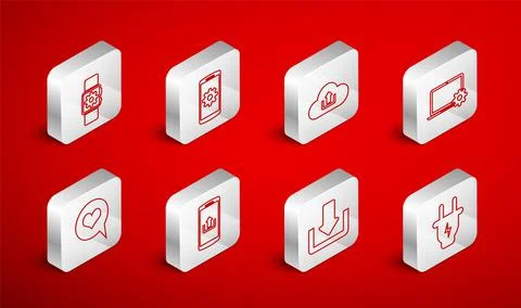 Set line Electric plug, Setting on smartphone, Cloud upload, Laptop and gear 스톡 일러스트