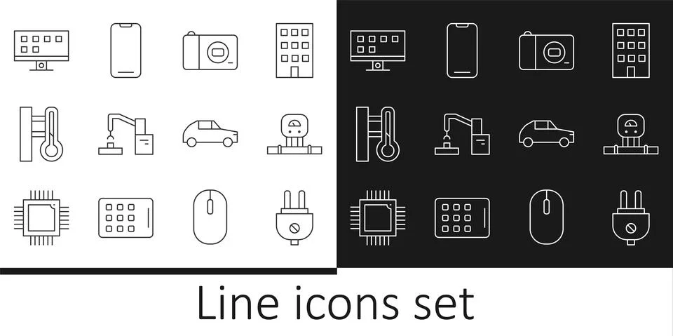 Set line Electric plug, Smart sensor, Photo camera, Robotic robot arm hand イラスト素材