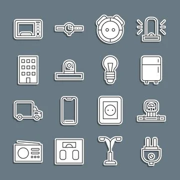 Set line Electric plug, Smart sensor, Refrigerator, Robot vacuum cleaner Stock Illustration