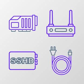 Set line Electric plug, SSHD card, Router and wi-fi signal and Video graphi.. Illustrazione stock