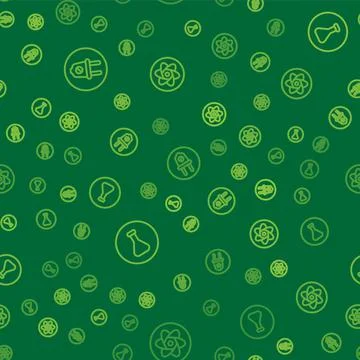 Set line Electric plug, Test tube and flask and on seamless pattern. Vector Illustrazione stock