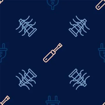 Set line Electric plug, tower line and Screwdriver on seamless pattern. Vector Stock Illustration
