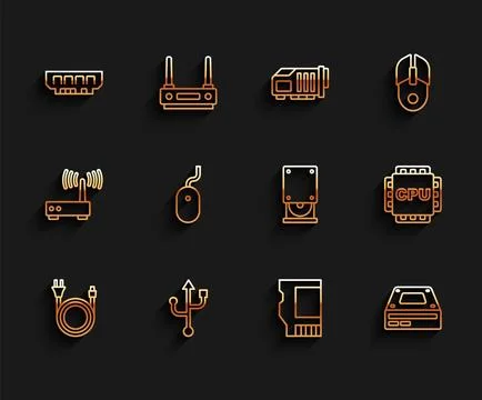 Set line Electric plug, USB, RAM, random access memory, SD card, Optical disc Stock Illustration