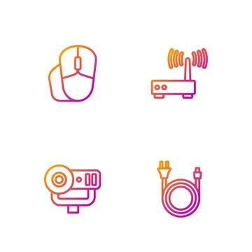 Set line Electric plug, Web camera, Computer mouse and Router and wi-fi signal Stock Illustration