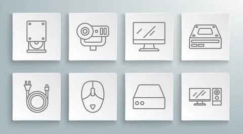 Set line Electric plug, Web camera, Computer mouse, Server, Data, Hosting Stock Illustration