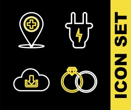 Set line Electric plug, Wedding rings, Cloud download and Medical location .. Stock-Illustration