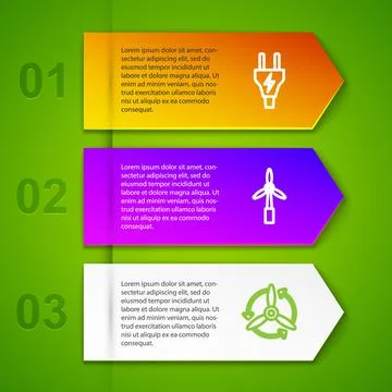Set line Electric plug, Wind turbine and . Business infographic template. Vector Stock Illustration