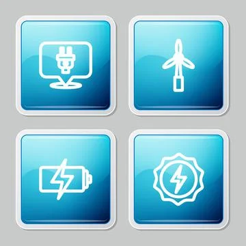 Set line Electric plug, Wind turbine, Battery and Lightning bolt icon. Vector イラスト素材