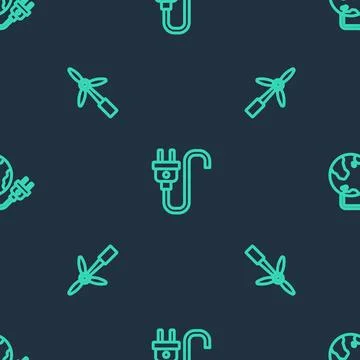 Set line Electric plug, Wind turbine and Global energy power planet on seam.. Ilustração Stock