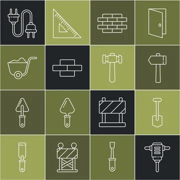 Set line Electric rotary hammer drill, Shovel, Hammer, Bricks, plug and  ic.. Ilustración de archivo