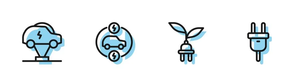 Set line Electric saving plug in leaf, car, and icon. Vector イラスト素材