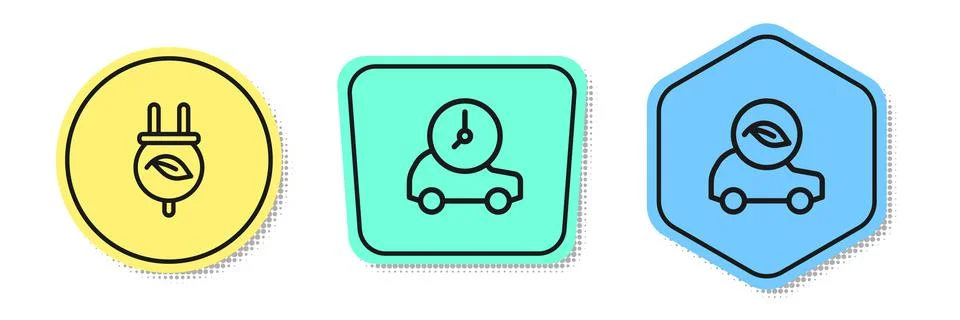 Set line Electric saving plug in leaf, car and Eco. Colored shapes. Vector 库存插图