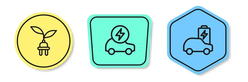 Set line Electric saving plug in leaf, car and . Colored shapes. Vector Stock Illustration