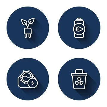 Set line Electric saving plug in leaf, Eco nature battery, Water mill and Stock Illustration