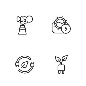 Set line Electric saving plug in leaf, CO2 emissions cloud and Water mill icon 스톡 일러스트