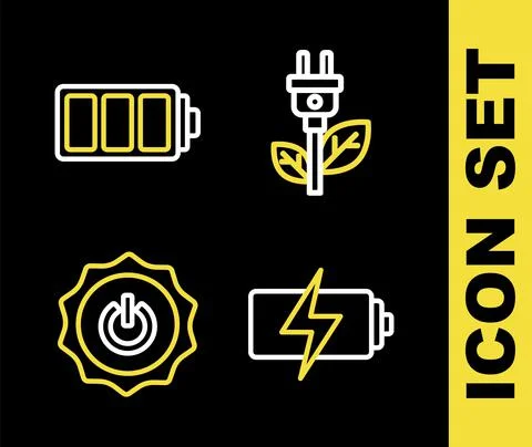 Set line Electric saving plug in leaf, Battery, Power button and icon. Vector Illustrazione stock