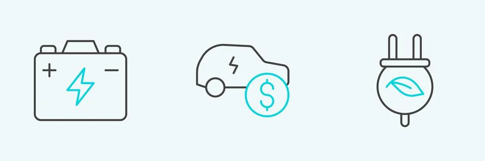 Set line Electric saving plug in leaf, Car battery and car price icon. Vector Stock Illustration