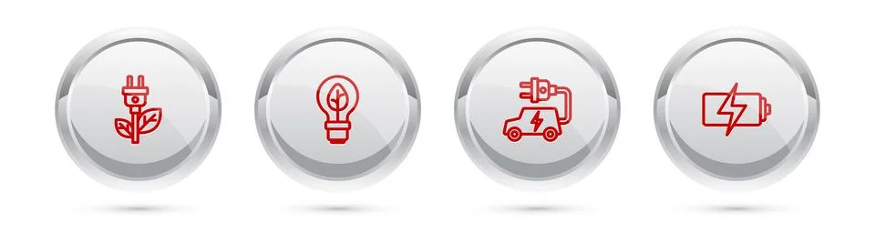 Set line Electric saving plug in leaf, Light bulb with, car and Battery. Silver 스톡 일러스트