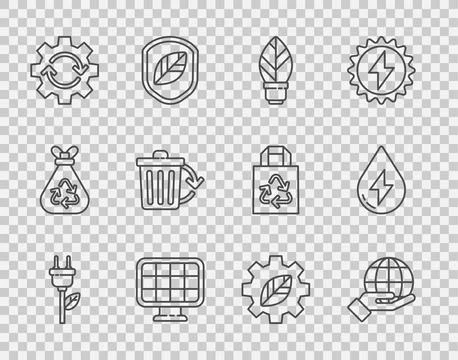 Set line Electric saving plug in leaf, Hand holding Earth globe, Light bulb with Stock Illustration