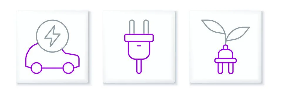 Set line Electric saving plug in leaf, car and  icon. Vector Stockillustratie