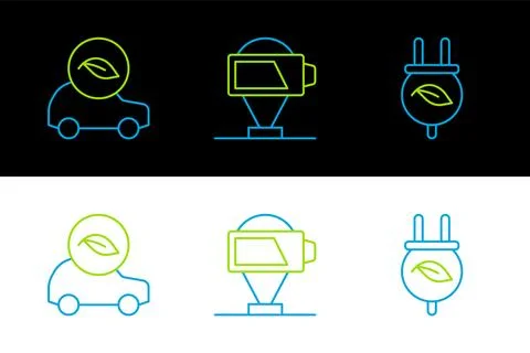 Set line Electric saving plug in leaf, Eco car and Battery charge icon. Vector Illustrazione stock