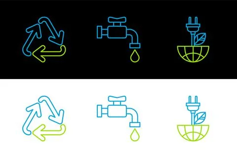 Set line Electric saving plug in leaf, Recycle symbol and Water tap icon. Vector 스톡 일러스트