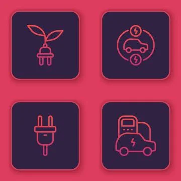 Set line Electric saving plug in leaf, car and . Blue square button. Vector 库存插图