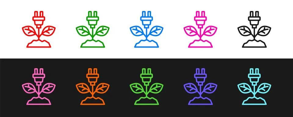 Set line Electric saving plug in leaf icon isolated on black and white Stock Illustration