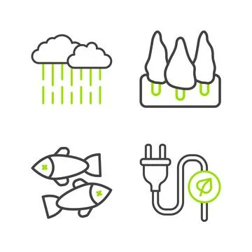 Set line Electric saving plug in leaf, Dead fish, Forest and Cloud with rain Stock Illustration