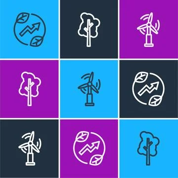 Set line Electric saving plug in leaf, Wind turbine and Tree icon. Vector Stock Illustration