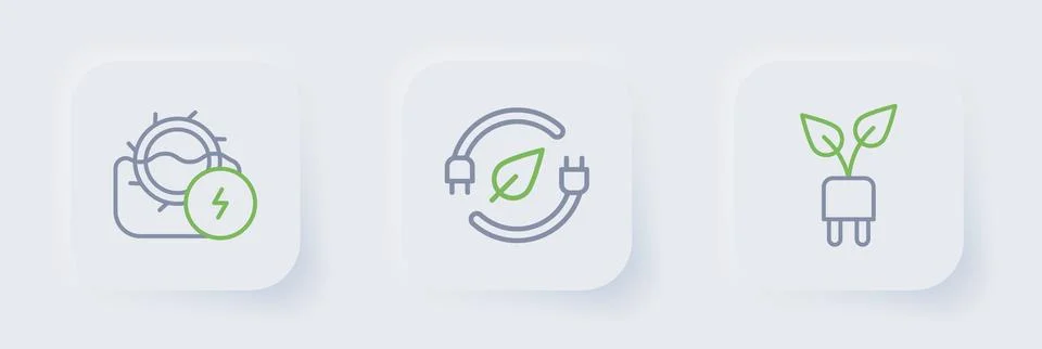 Set line Electric saving plug in leaf,  and Water mill icon. Vector Illustrazione stock