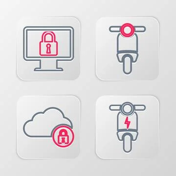 Set line Electric scooter, Cloud computing lock, Scooter and Lock on monito.. Ilustración de archivo