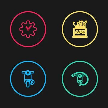 Set line Electric scooter, , Computer api interface and Time Management icon Illustrazione stock