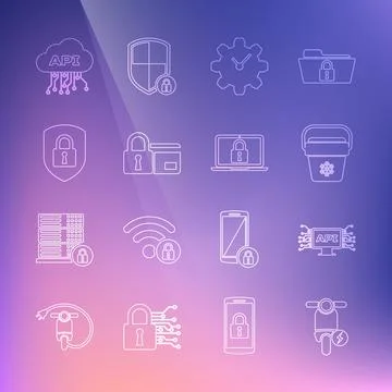 Set line Electric scooter, Computer api interface, Cooler bag, Time Management Stock Illustration