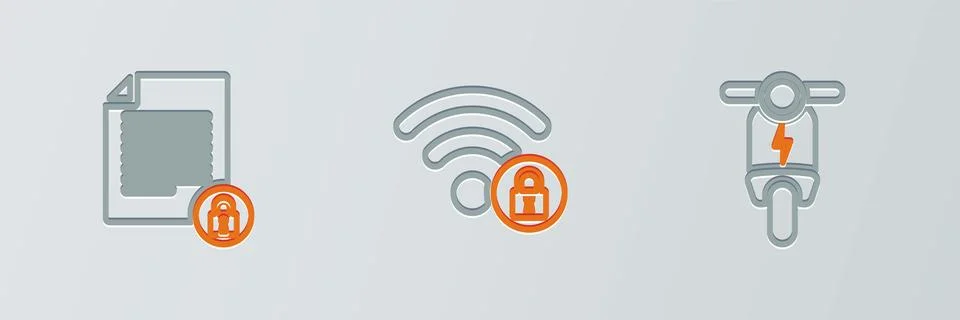 Set line Electric scooter, Document and lock and Wifi locked icon. Vector Illustrazione stock