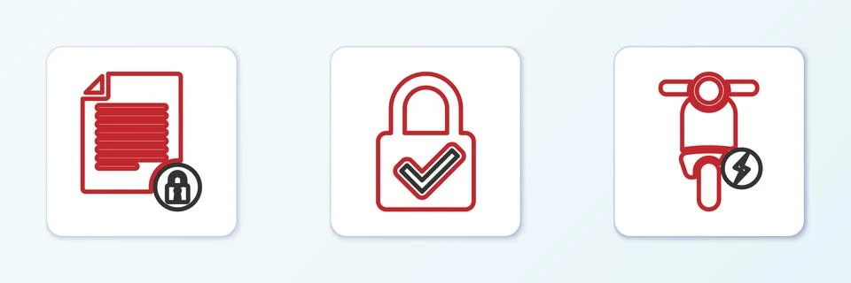 Set line Electric scooter, Document and lock and Lock check mark icon. Vector Illustrazione stock