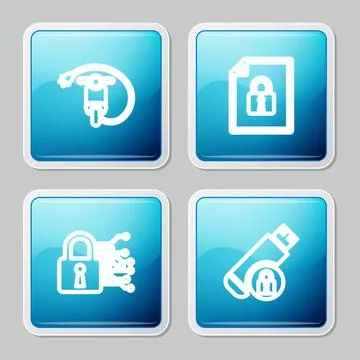 Set line Electric scooter, Document and lock, Cyber security and USB flash dr Illustrazione stock
